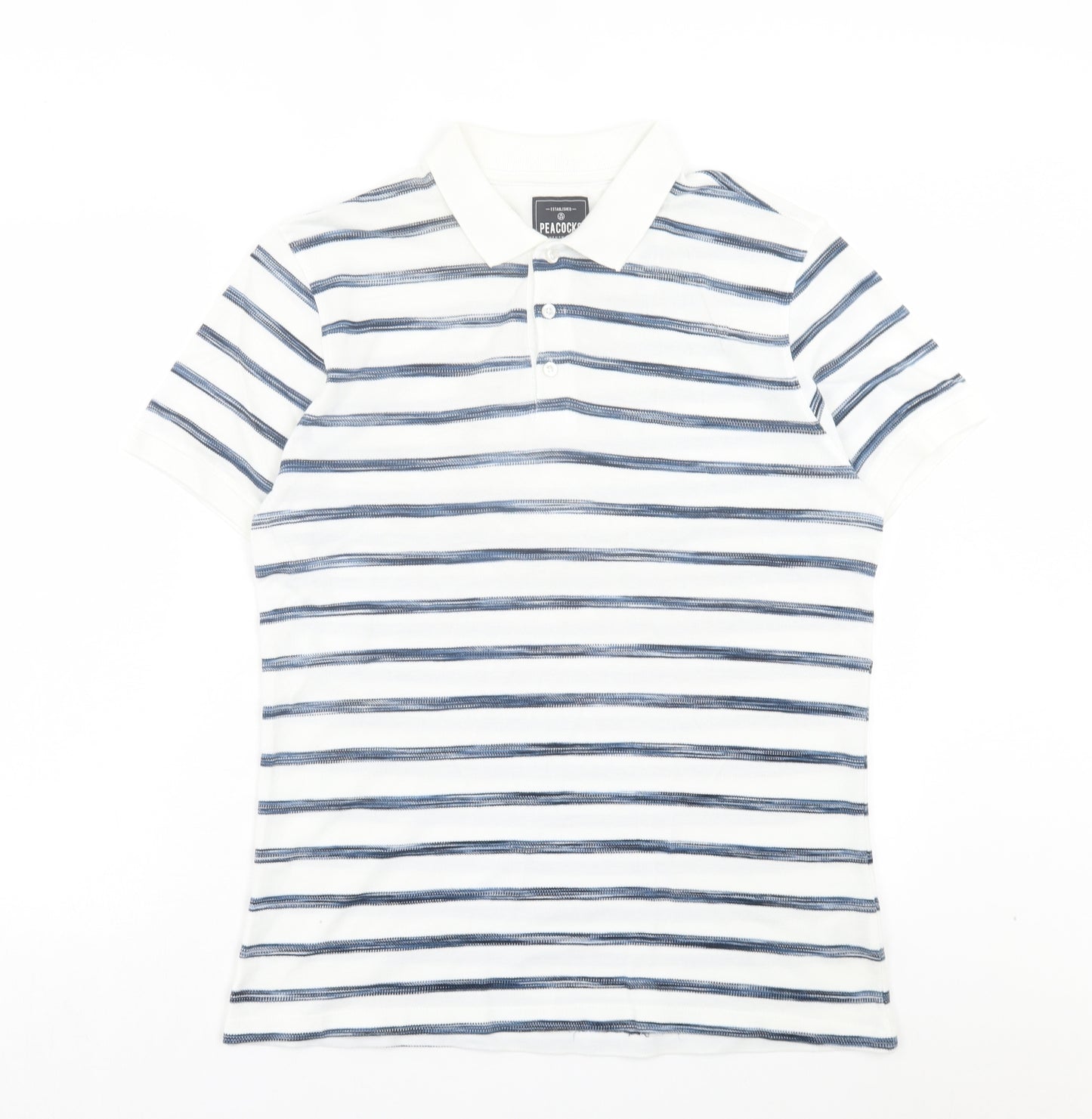 Peacocks Mens White Striped Cotton Polo Size M Collared Button