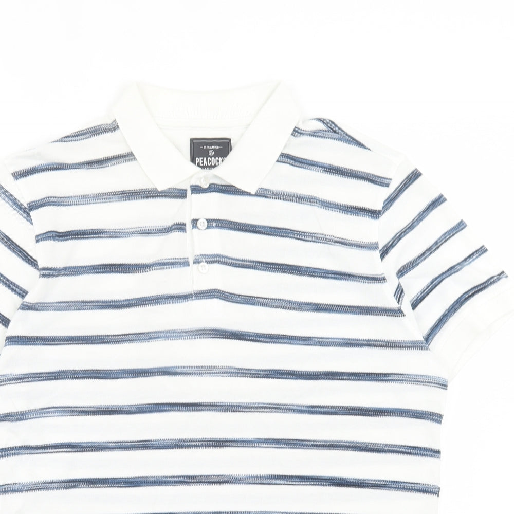 Peacocks Mens White Striped Cotton Polo Size M Collared Button