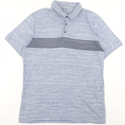 George Mens Blue Striped Cotton Polo Size M Collared Button