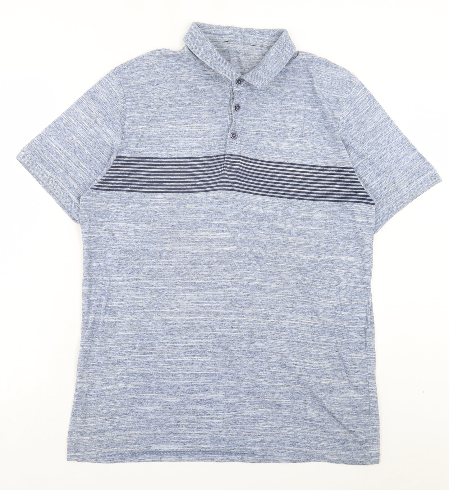 George Mens Blue Striped Cotton Polo Size M Collared Button