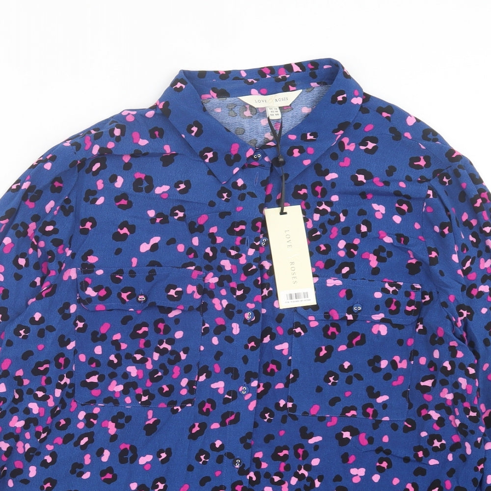 Love Roses Womens Black Animal Print Viscose Basic Button-Up Size 18 Collared
