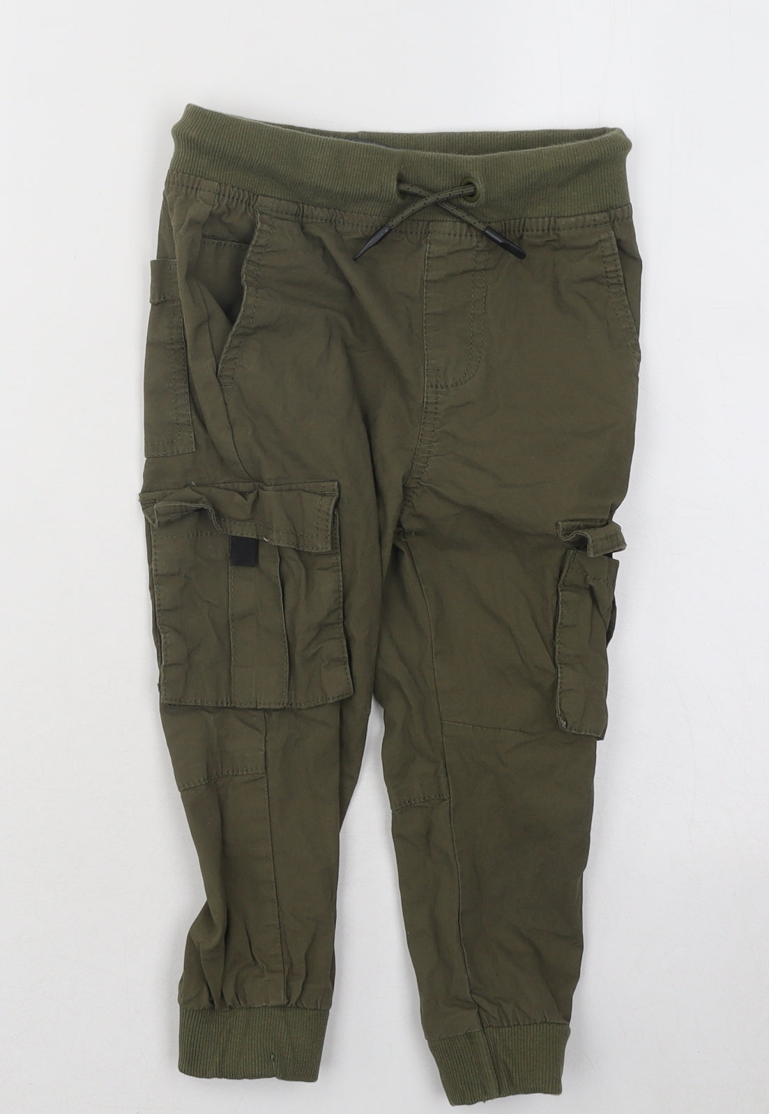 Primark Boys Green Cotton Cargo Trousers Size 3-4 Years Regular Drawstring