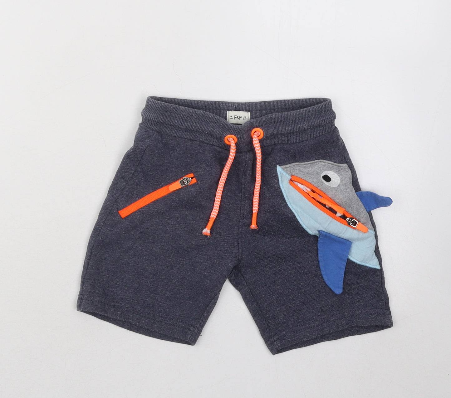 F&F Boys Grey Cotton Sweat Shorts Size 3-4 Years Regular Drawstring - Shark