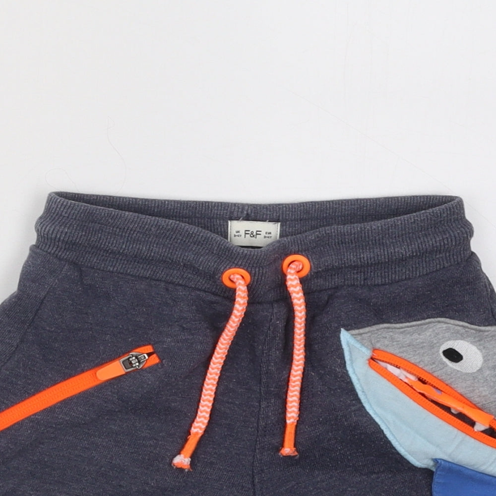 F&F Boys Grey Cotton Sweat Shorts Size 3-4 Years Regular Drawstring - Shark