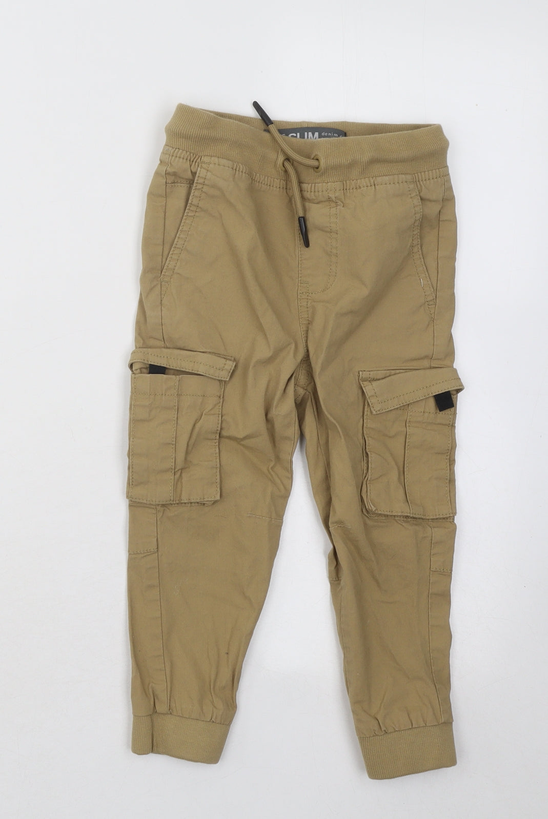 Primark Boys Beige Cotton Cargo Trousers Size 3-4 Years Regular Drawstring