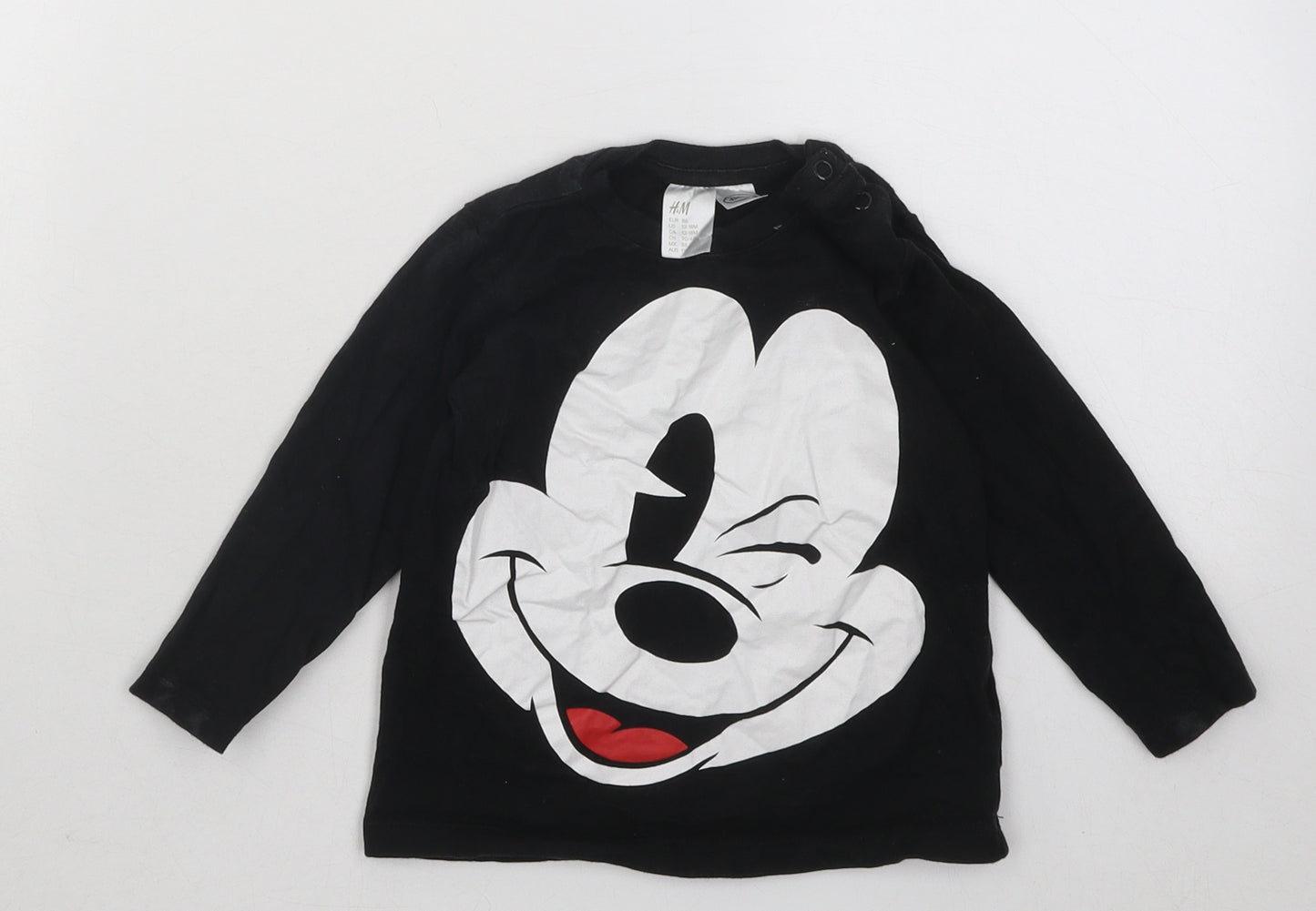 H&M Boys Black Cotton Basic T-Shirt Size 18-24 Months Round Neck Snap - Mickey Mouse