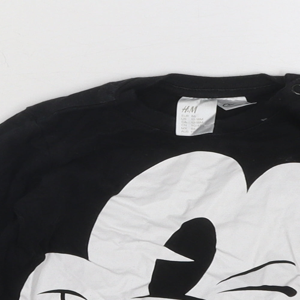 H&M Boys Black Cotton Basic T-Shirt Size 18-24 Months Round Neck Snap - Mickey Mouse