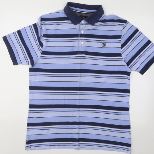 Marks and Spencer Mens Blue Striped Cotton Polo Size M Collared Button