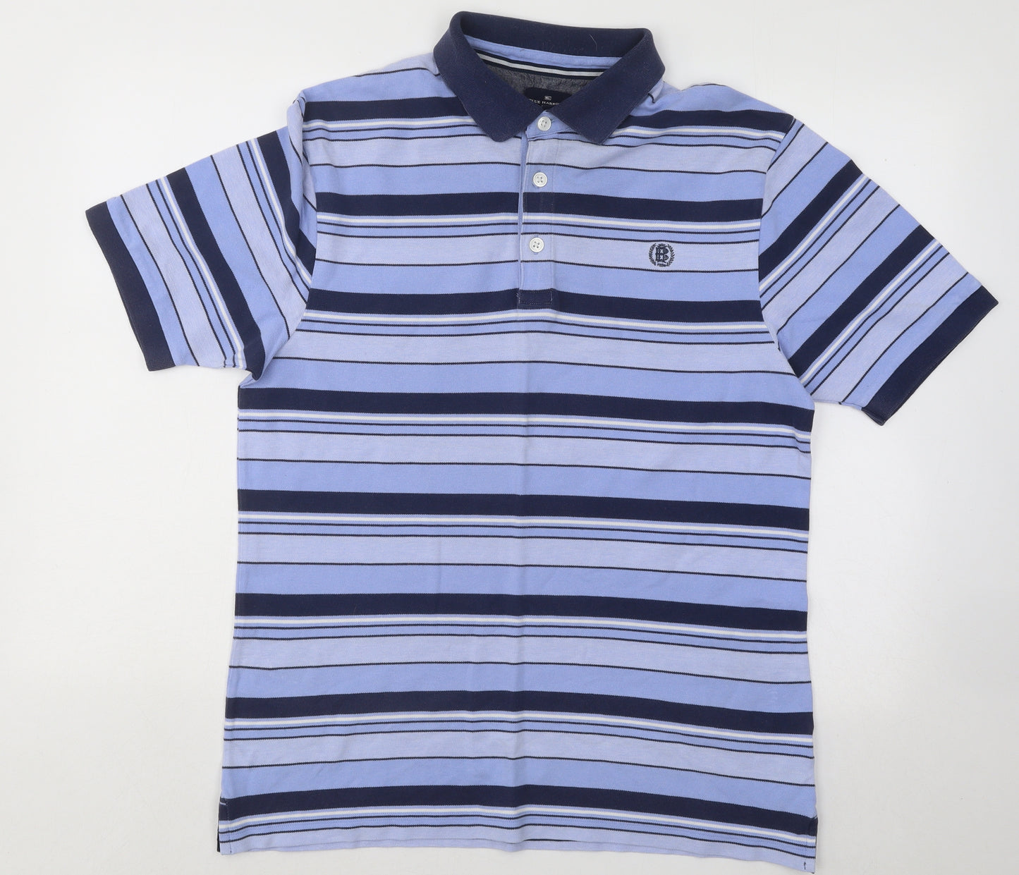 Marks and Spencer Mens Blue Striped Cotton Polo Size M Collared Button