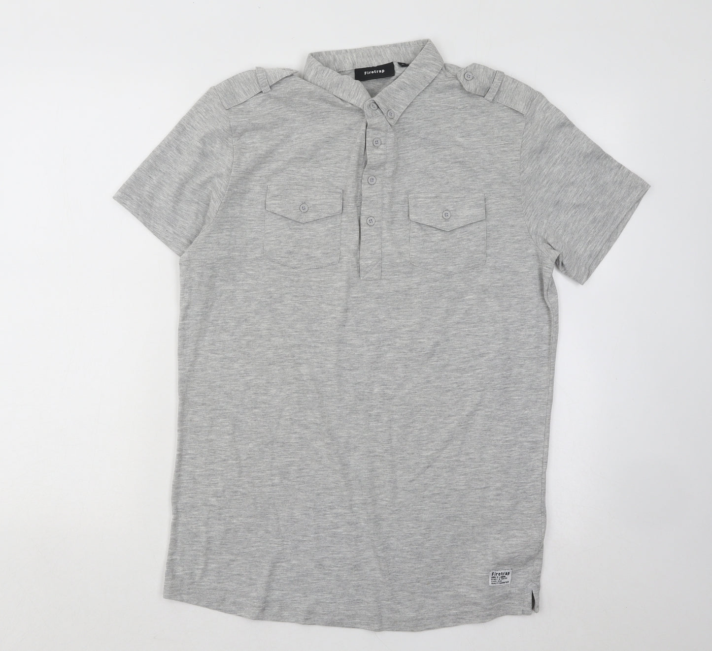 Firetrap Mens Grey Cotton Polo Size S Collared Button