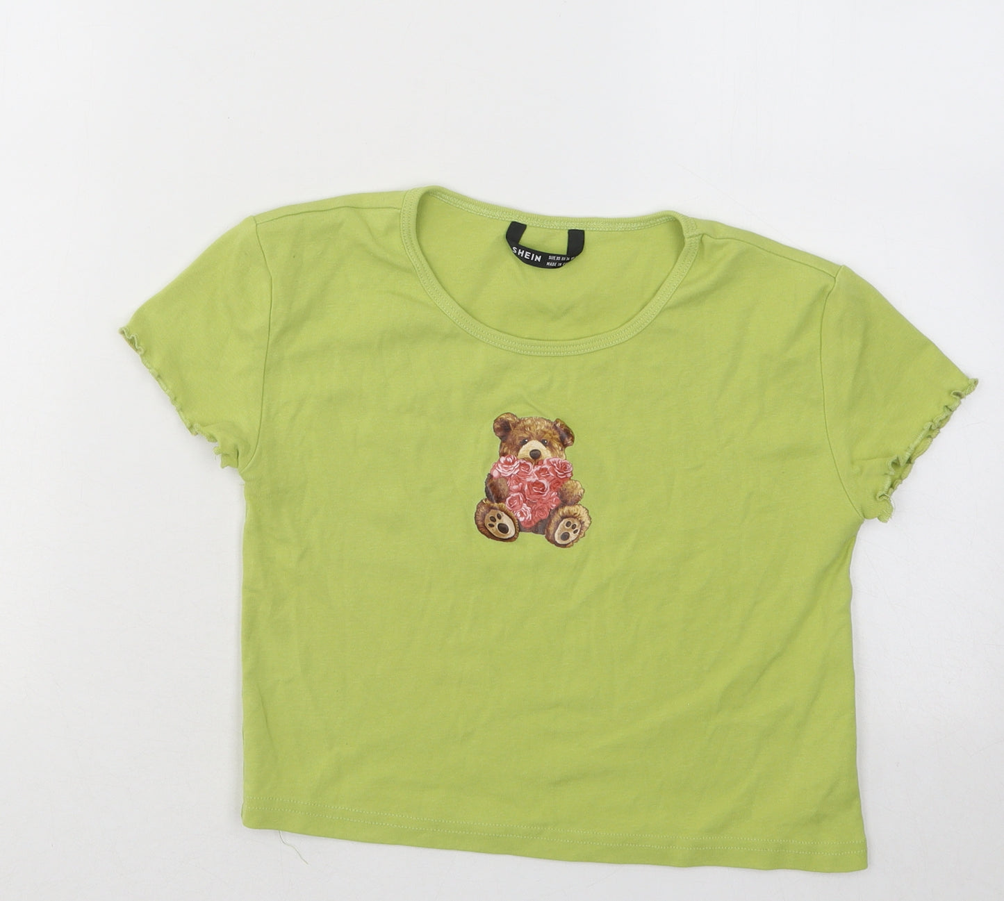 SheIn Womens Green Cotton Basic T-Shirt Size XS Round Neck - Bear