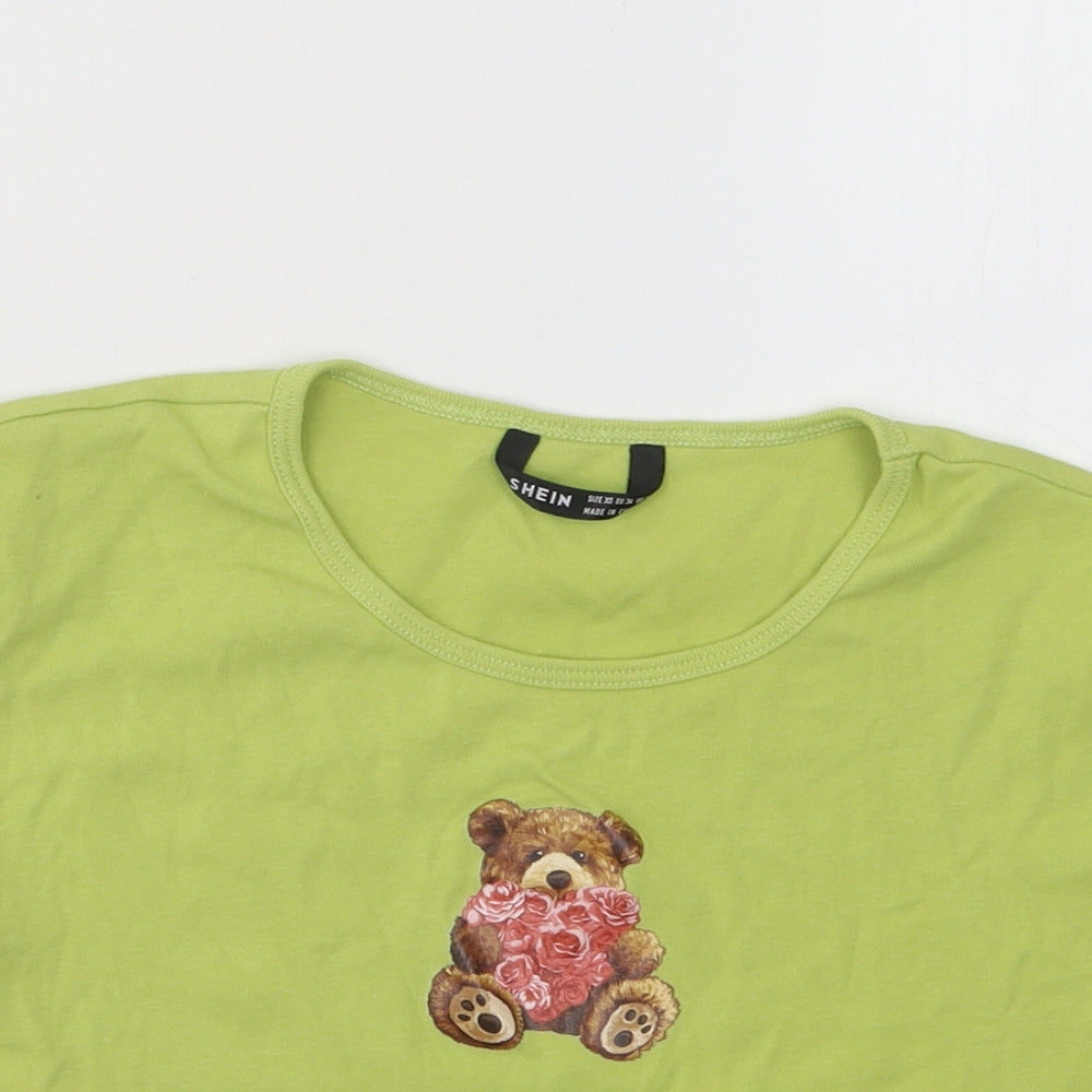 SheIn Womens Green Cotton Basic T-Shirt Size XS Round Neck - Bear