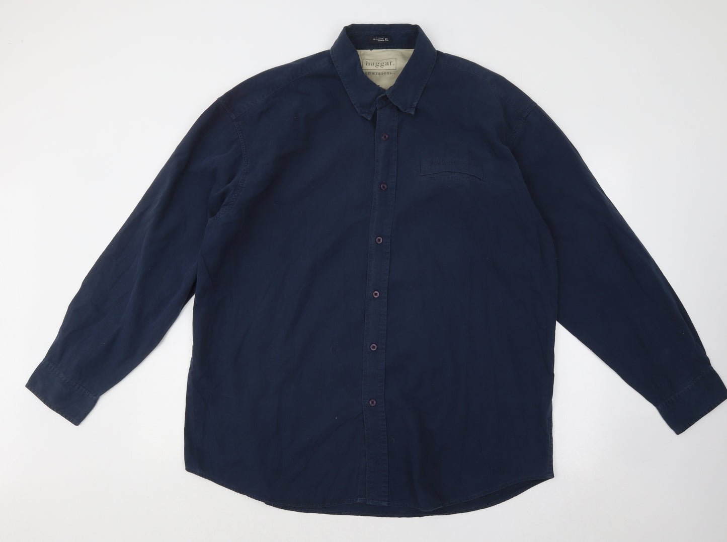 Haggar Mens Blue Cotton Button-Up Size XL Collared Button