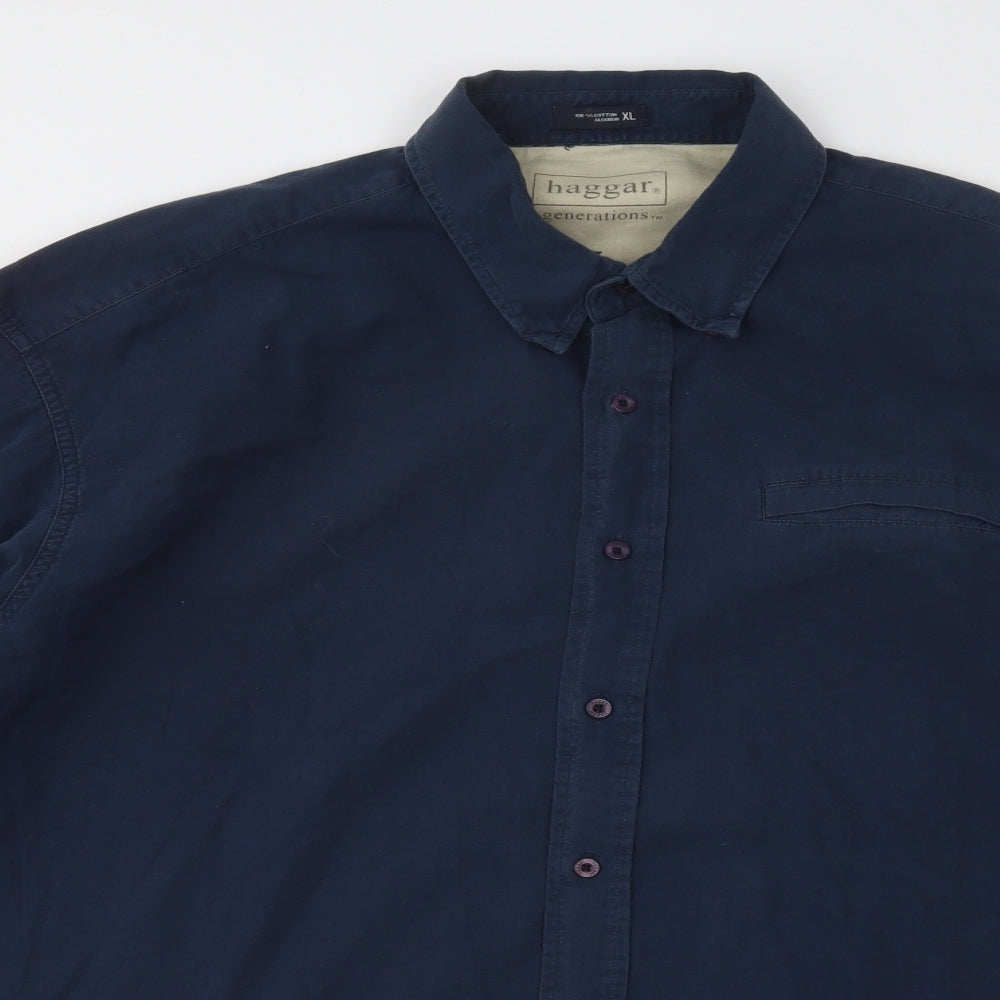 Haggar Mens Blue Cotton Button-Up Size XL Collared Button