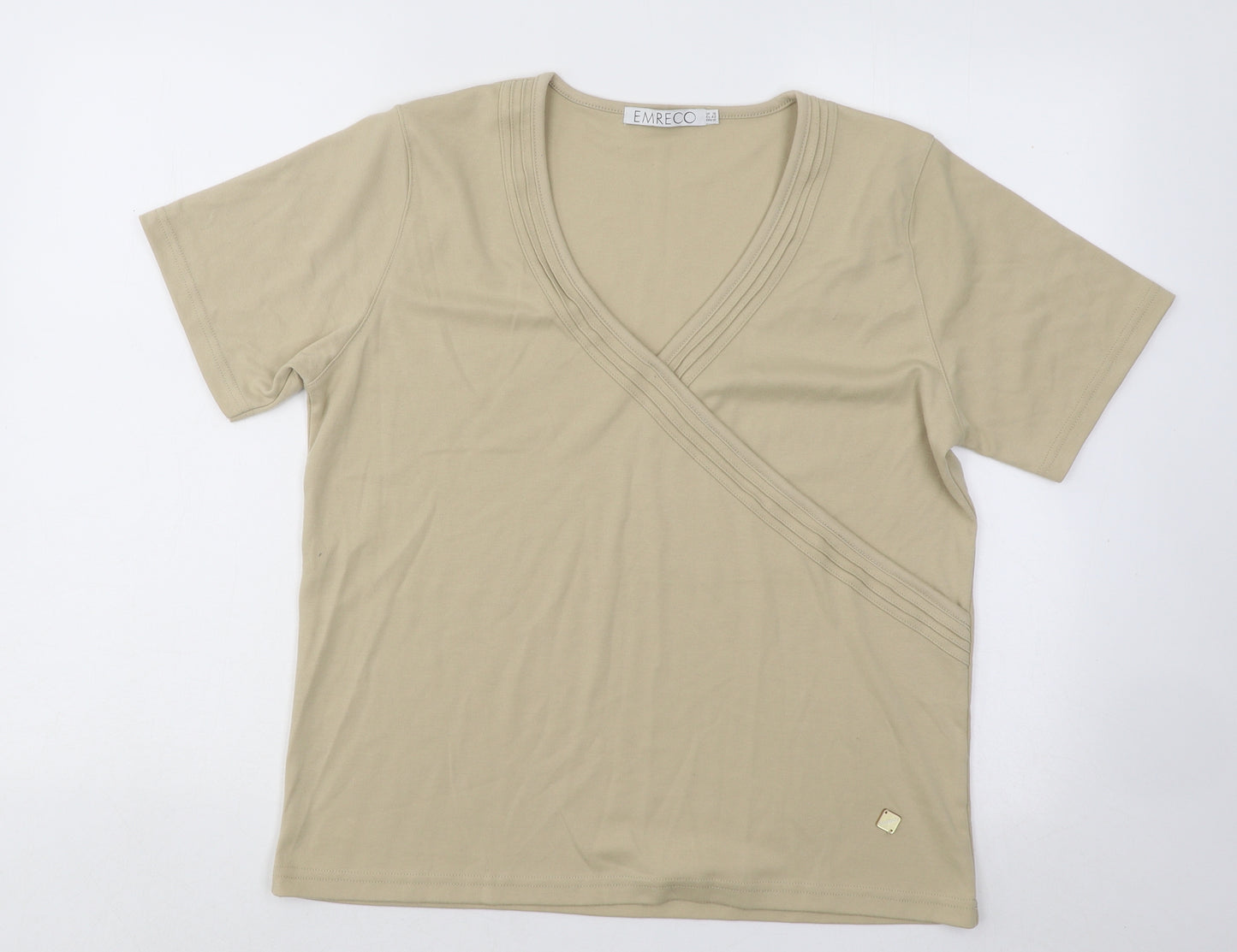 Emreco Womens Beige Cotton Basic T-Shirt Size 16 V-Neck