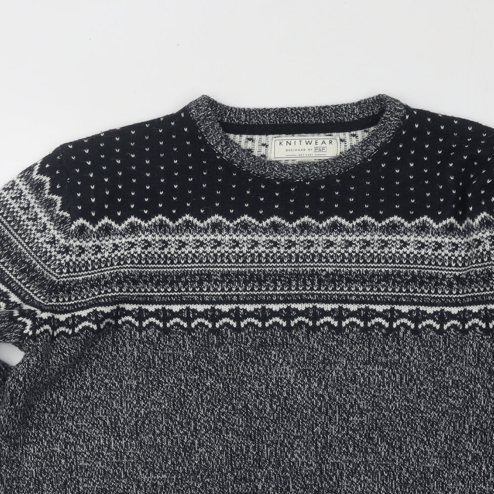F&F Mens Blue Round Neck Fair Isle Acrylic Pullover Jumper Size M
