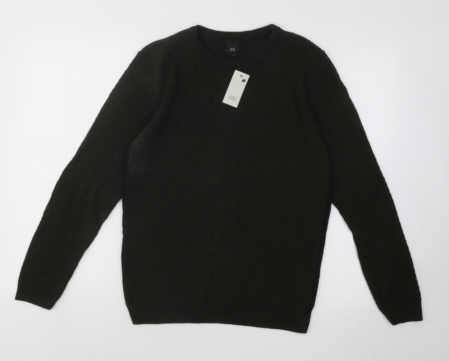 River Island Mens Green Round Neck Cotton Pullover Jumper Size M