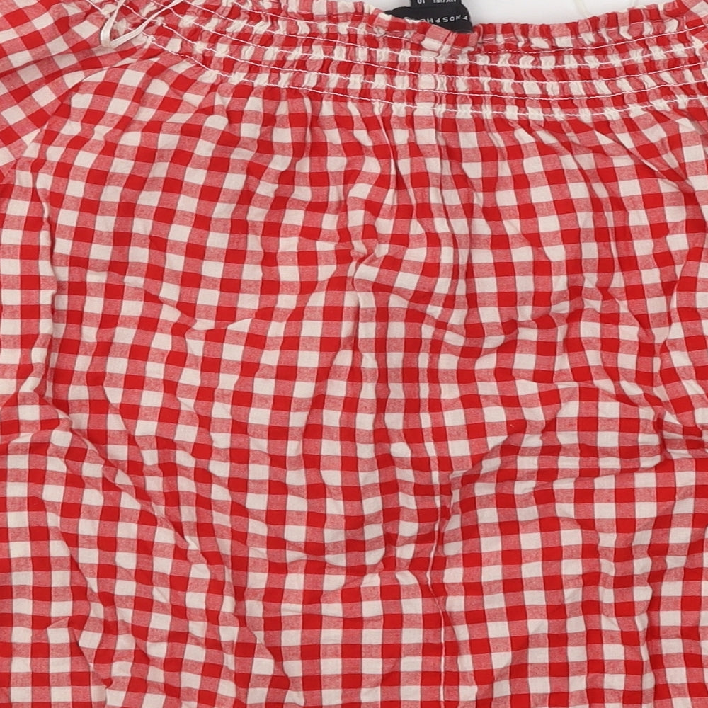 Atmosphere Womens Red Plaid Cotton Basic T-Shirt Size 10 Off the Shoulder