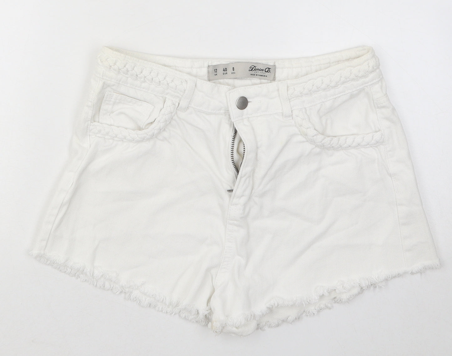 Primark Womens White Cotton Hot Pants Shorts Size 12 Regular Button