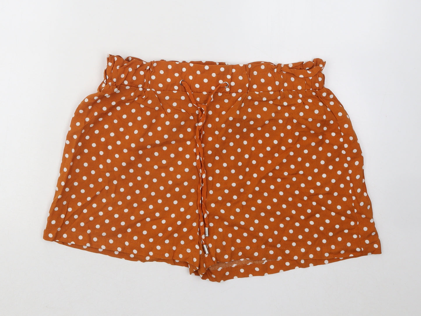 Primark Womens Orange Polka Dot Viscose Paperbag Shorts Size 12 Regular Drawstring