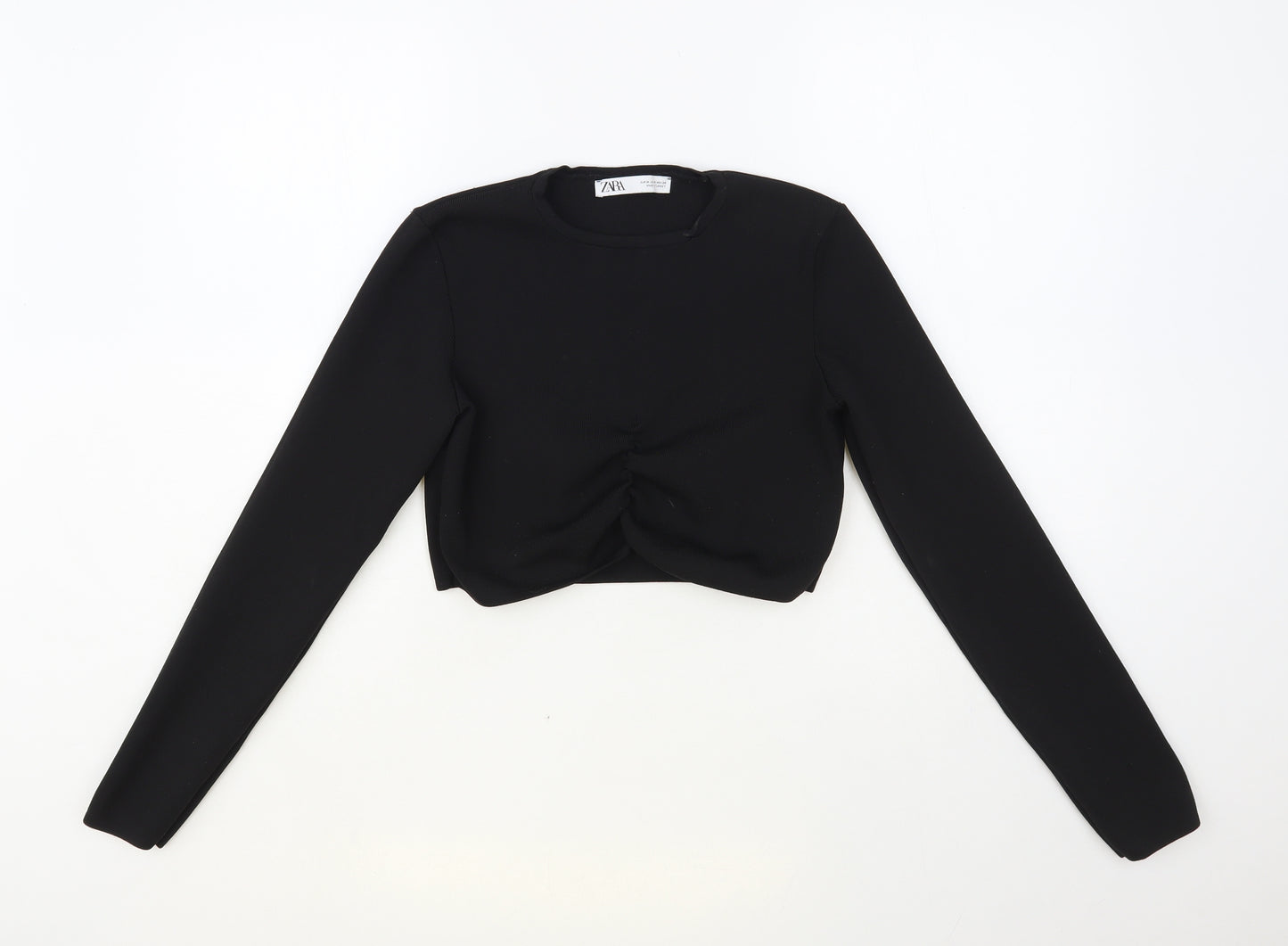 Zara Womens Black Polyester Cropped Blouse Size M Crew Neck - Ruched
