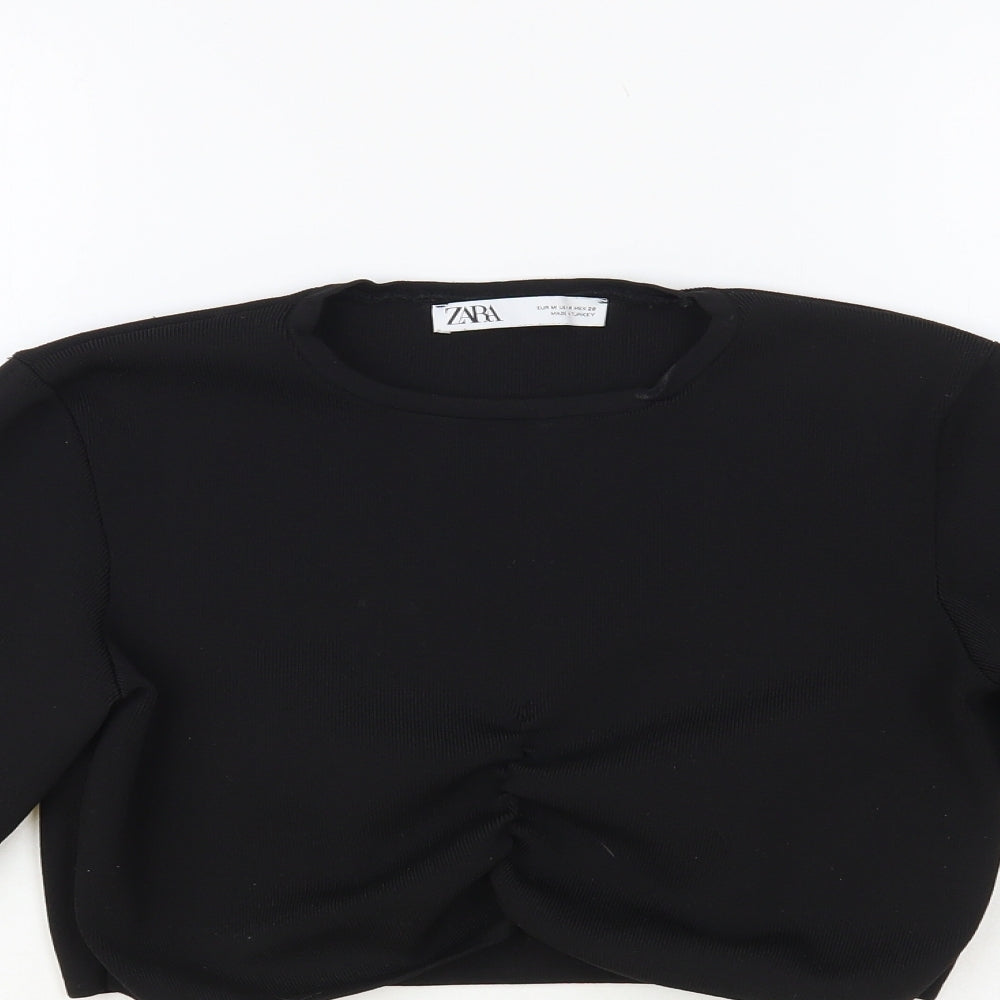Zara Womens Black Polyester Cropped Blouse Size M Crew Neck - Ruched