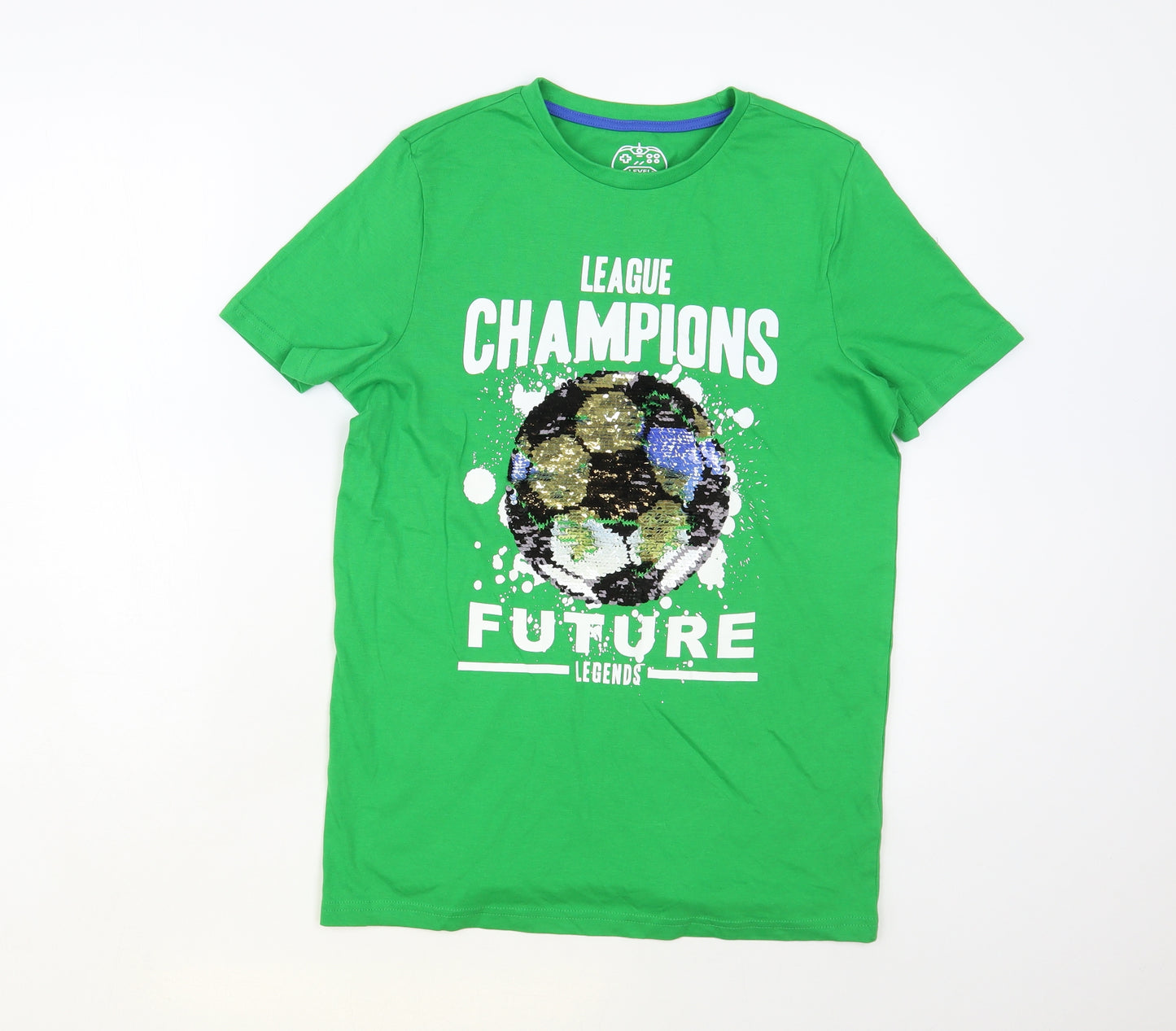 F&F Boys Green Cotton Pullover T-Shirt Size 12-13 Years Crew Neck Pullover - Football
