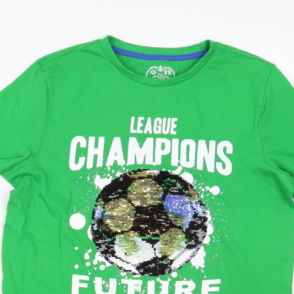 F&F Boys Green Cotton Pullover T-Shirt Size 12-13 Years Crew Neck Pullover - Football