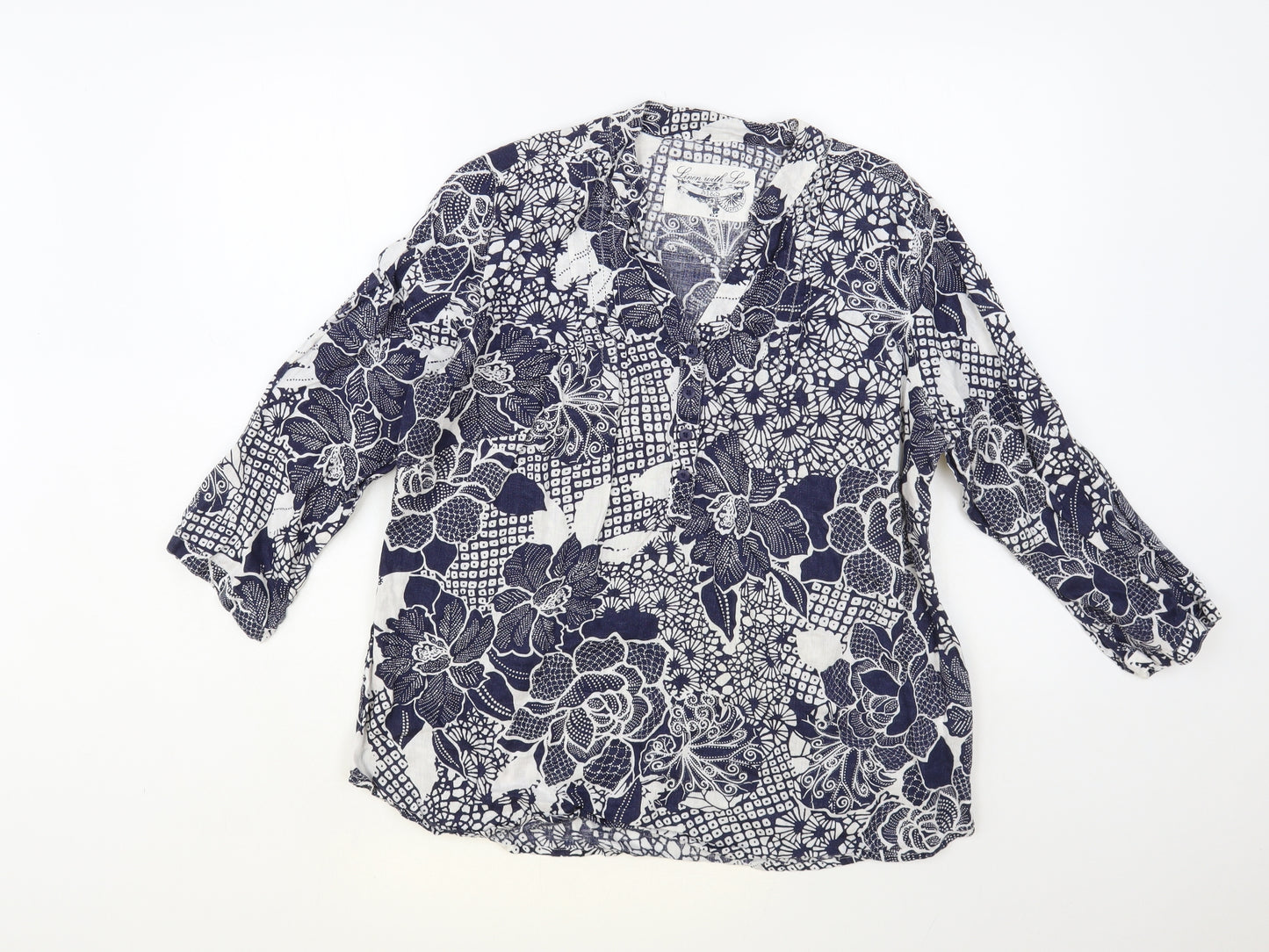 Marks and Spencer Womens Blue Floral Linen Basic Blouse Size 18 V-Neck