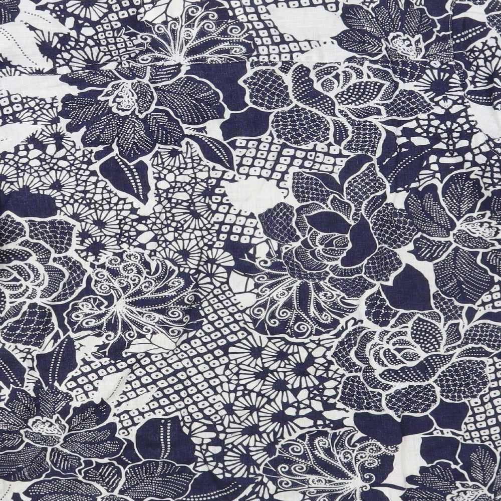 Marks and Spencer Womens Blue Floral Linen Basic Blouse Size 18 V-Neck