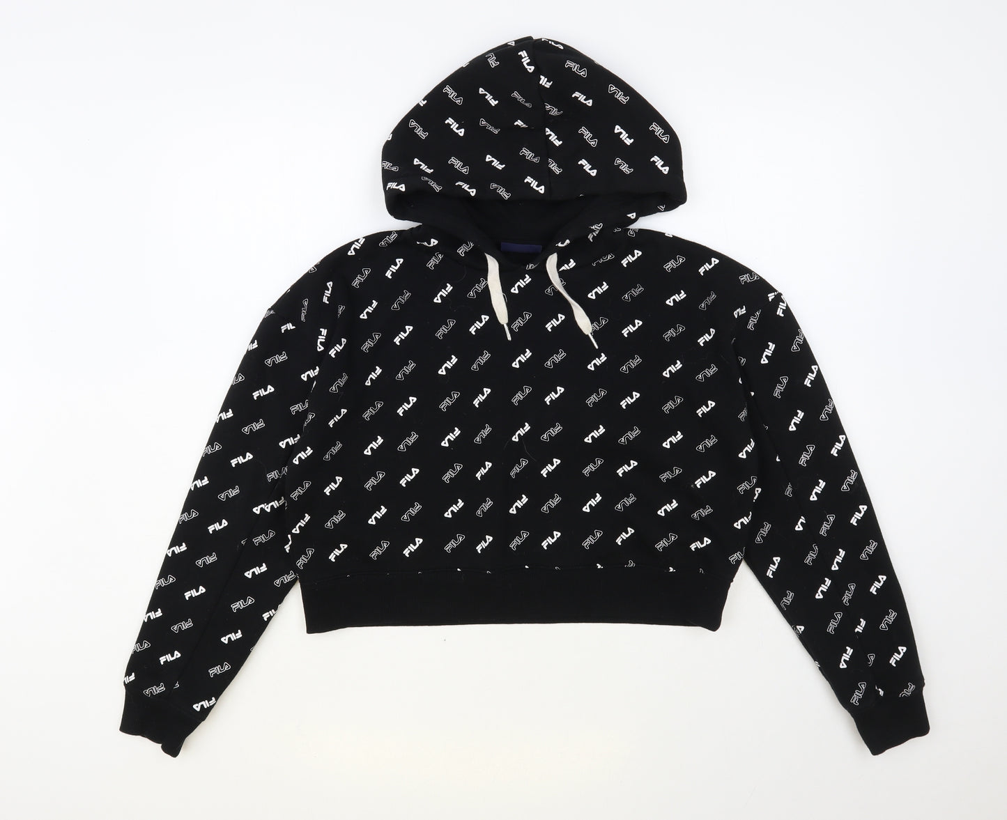 FILA Womens Black Geometric Cotton Pullover Hoodie Size S Pullover - Cropped