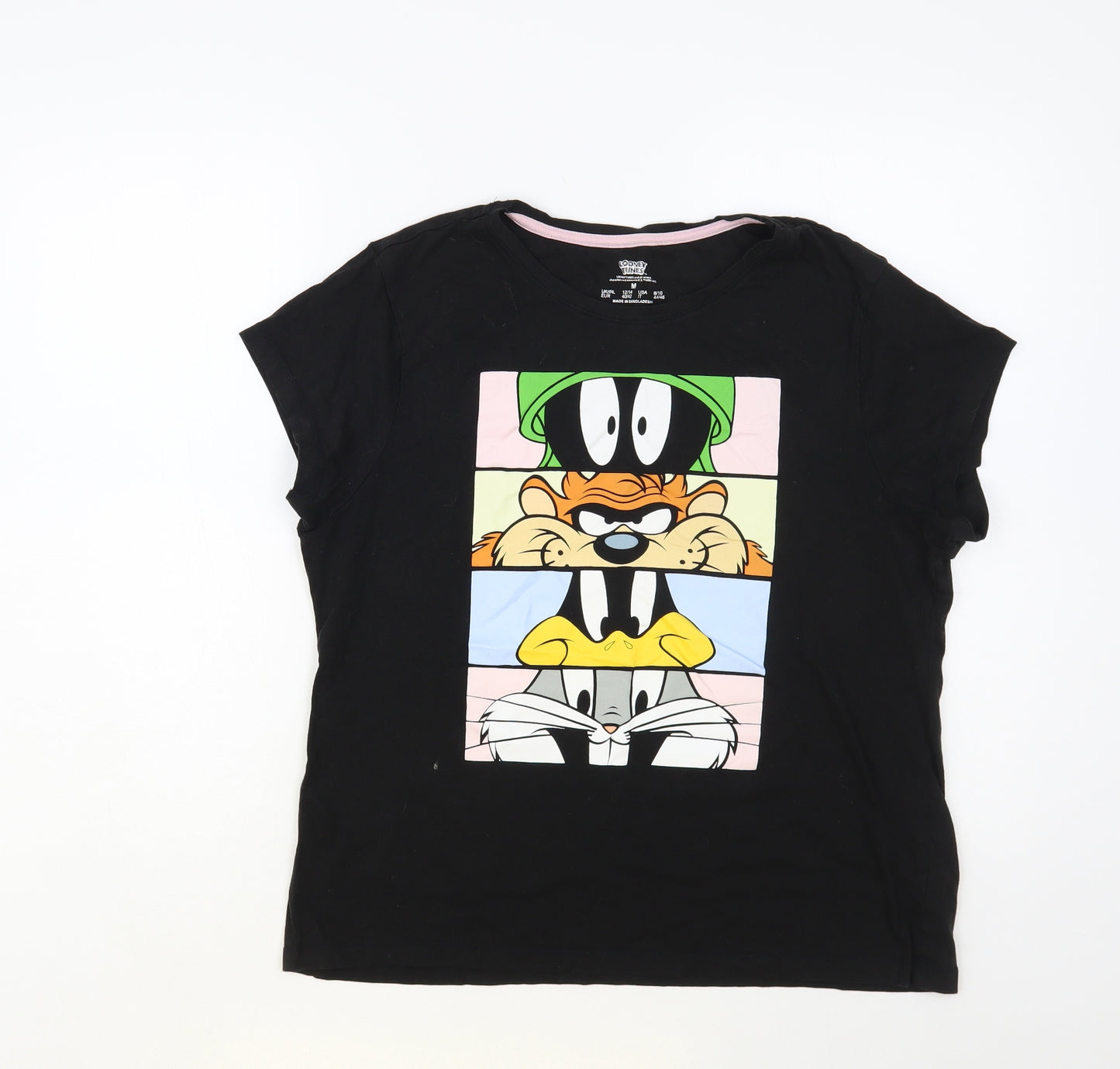Primark Womens Black Cotton Basic T-Shirt Size 12 Crew Neck - Looney Tunes