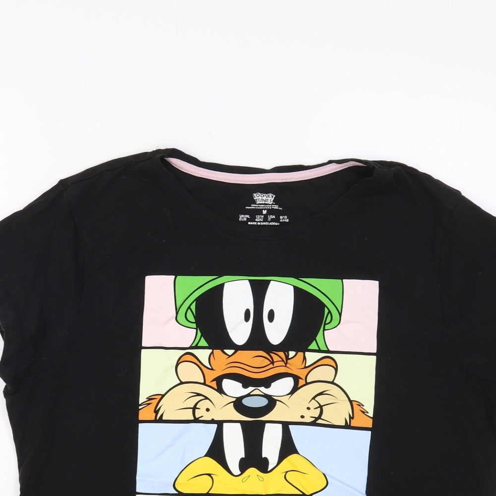 Primark Womens Black Cotton Basic T-Shirt Size 12 Crew Neck - Looney Tunes