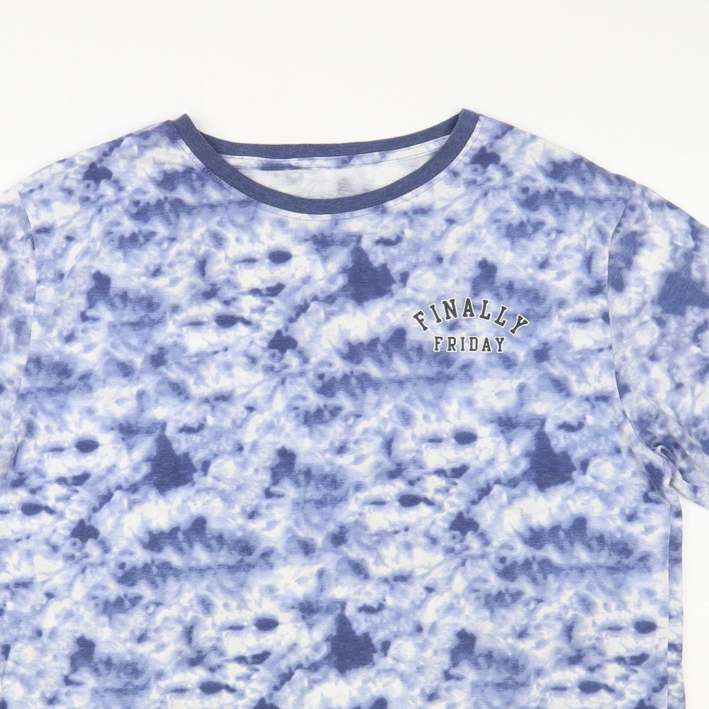 Dunnes Stores Mens Blue Cotton T-Shirt Size M Crew Neck - Marble Print