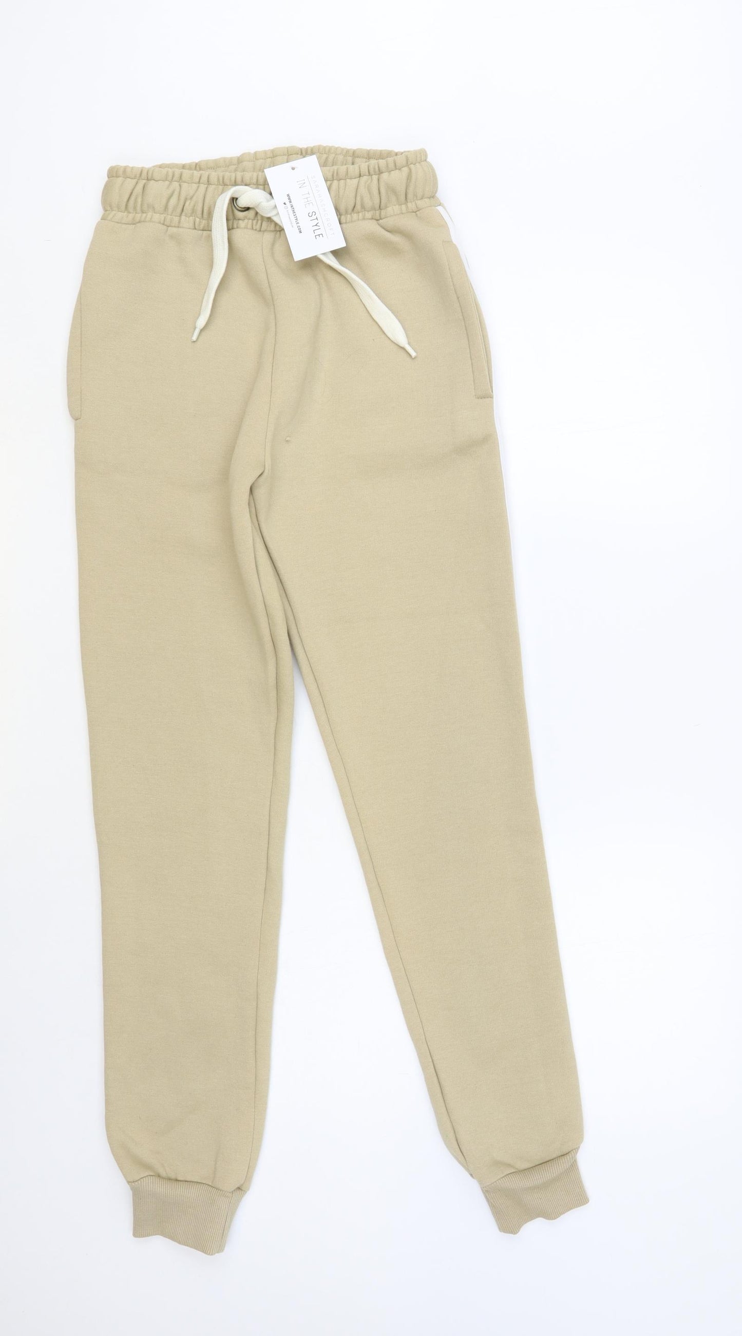 In the Style Womens Beige Cotton Jogger Trousers Size 6 L30 in Regular Drawstring - Side Stripe
