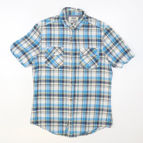 BHS Mens Blue Plaid Cotton Button-Up Size S Collared Button