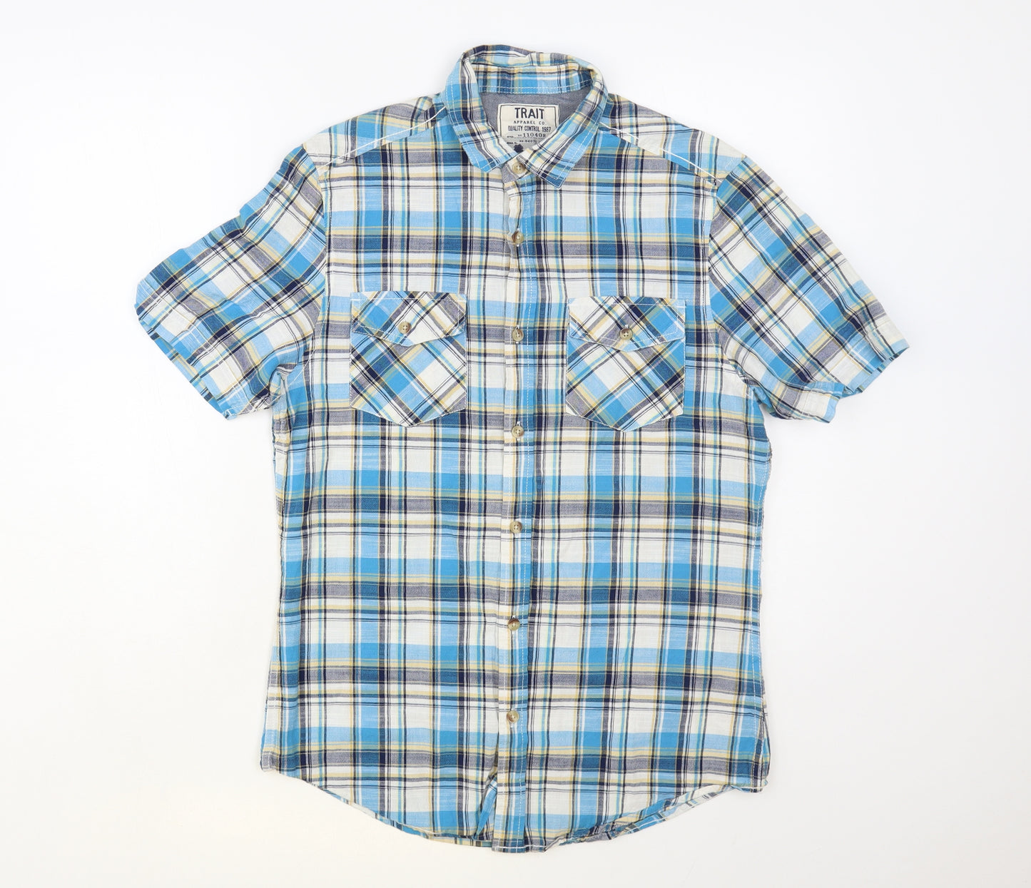 BHS Mens Blue Plaid Cotton Button-Up Size S Collared Button
