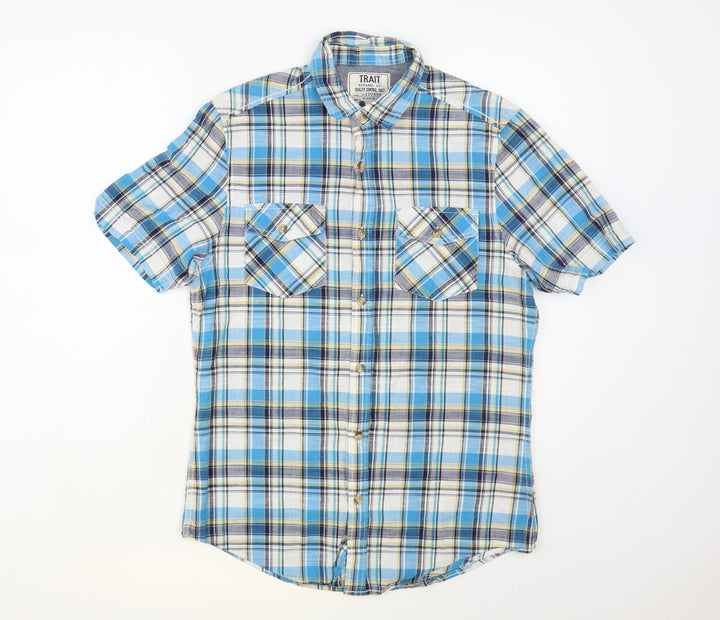 BHS Mens Blue Plaid Cotton Button-Up Size S Collared Button