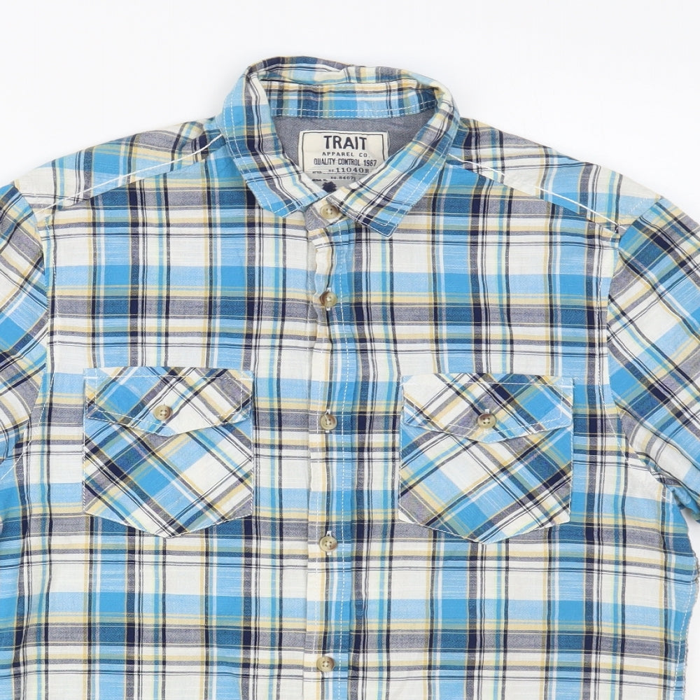 BHS Mens Blue Plaid Cotton Button-Up Size S Collared Button