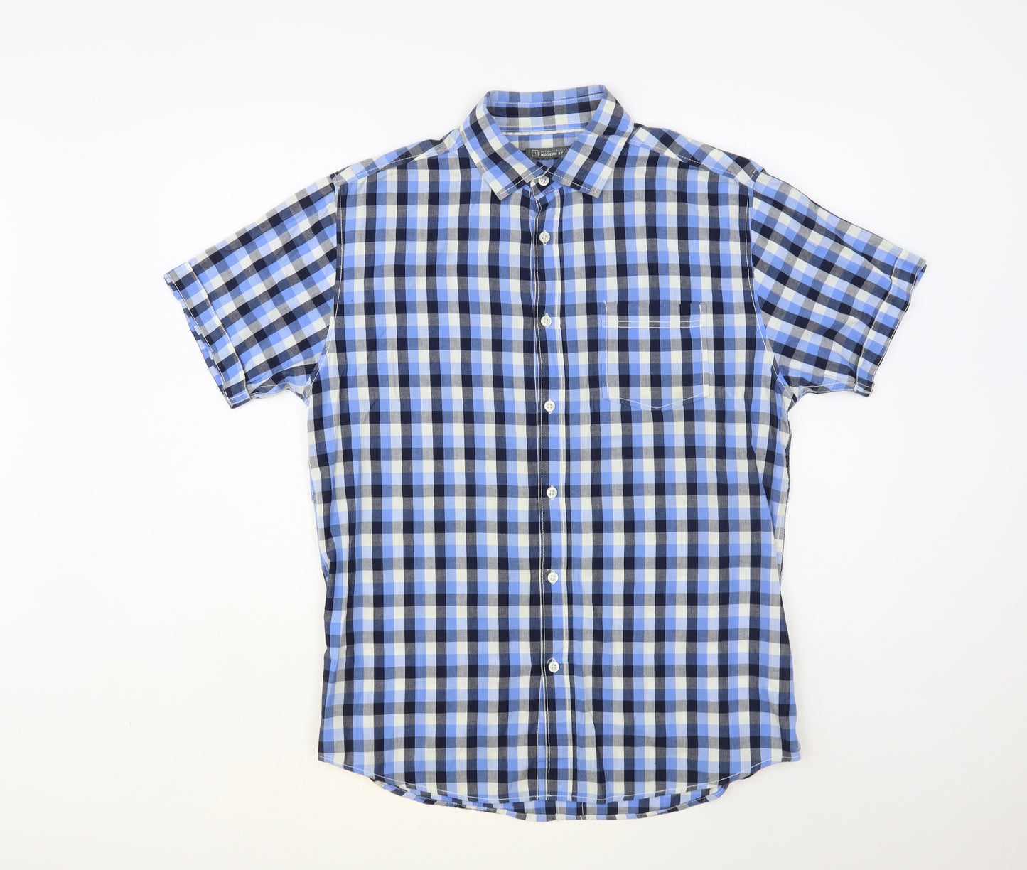 TU Mens Blue Plaid Cotton Button-Up Size M Collared Button