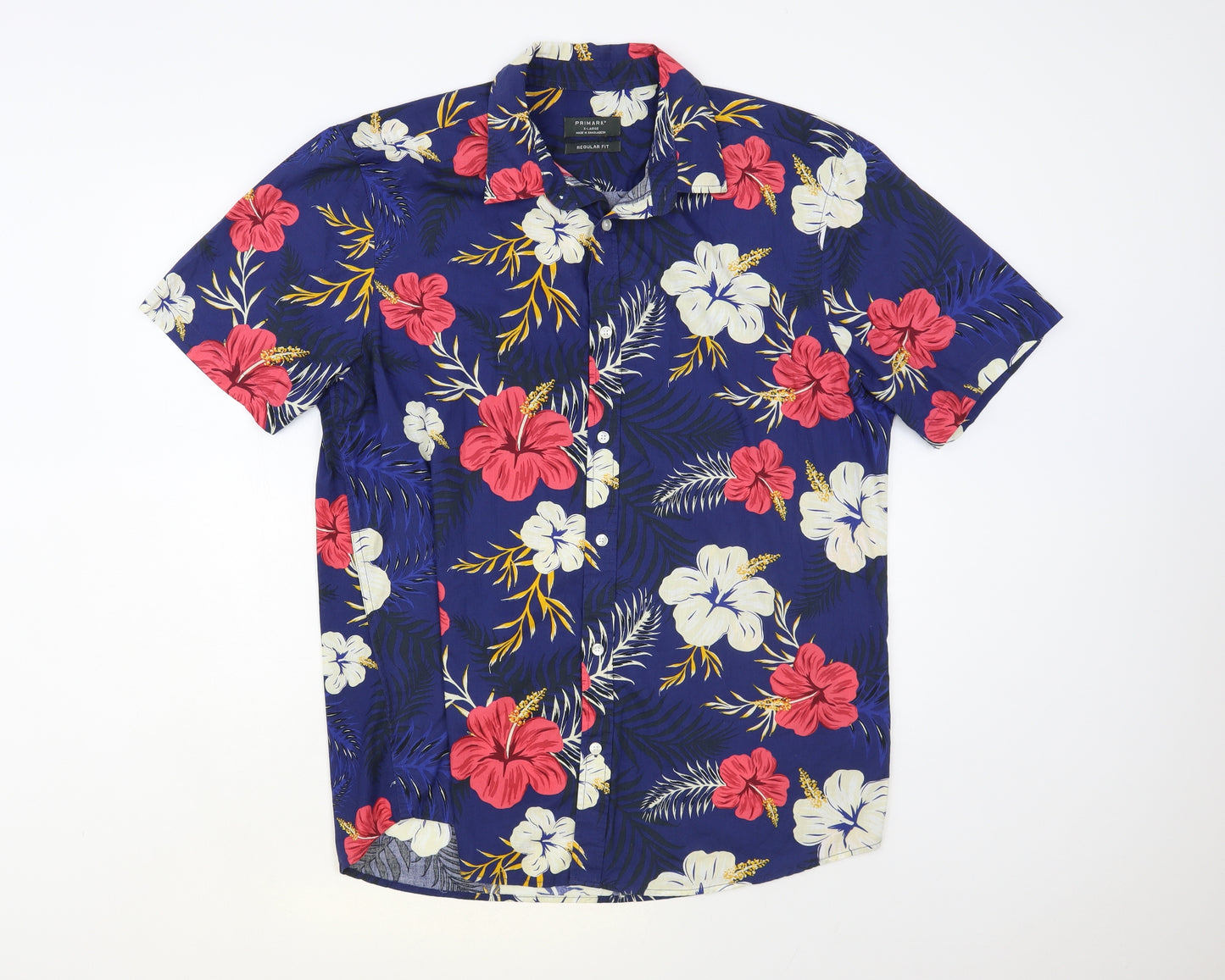 Primark Mens Blue Floral Cotton Button-Up Size XL Collared Button - Hawaiian Shirt