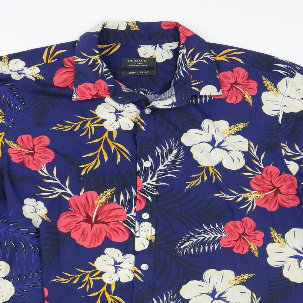 Primark Mens Blue Floral Cotton Button-Up Size XL Collared Button - Hawaiian Shirt