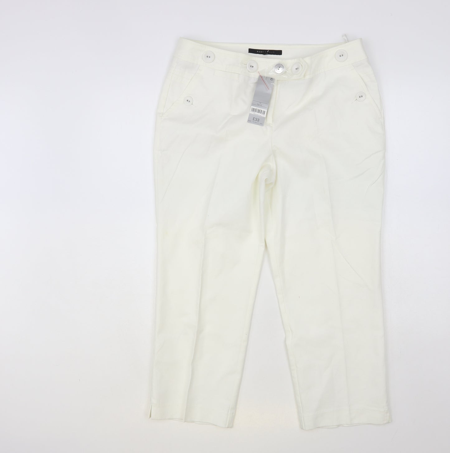 NEXT Womens White Cotton Cropped Trousers Size 14 L24 in Regular Button