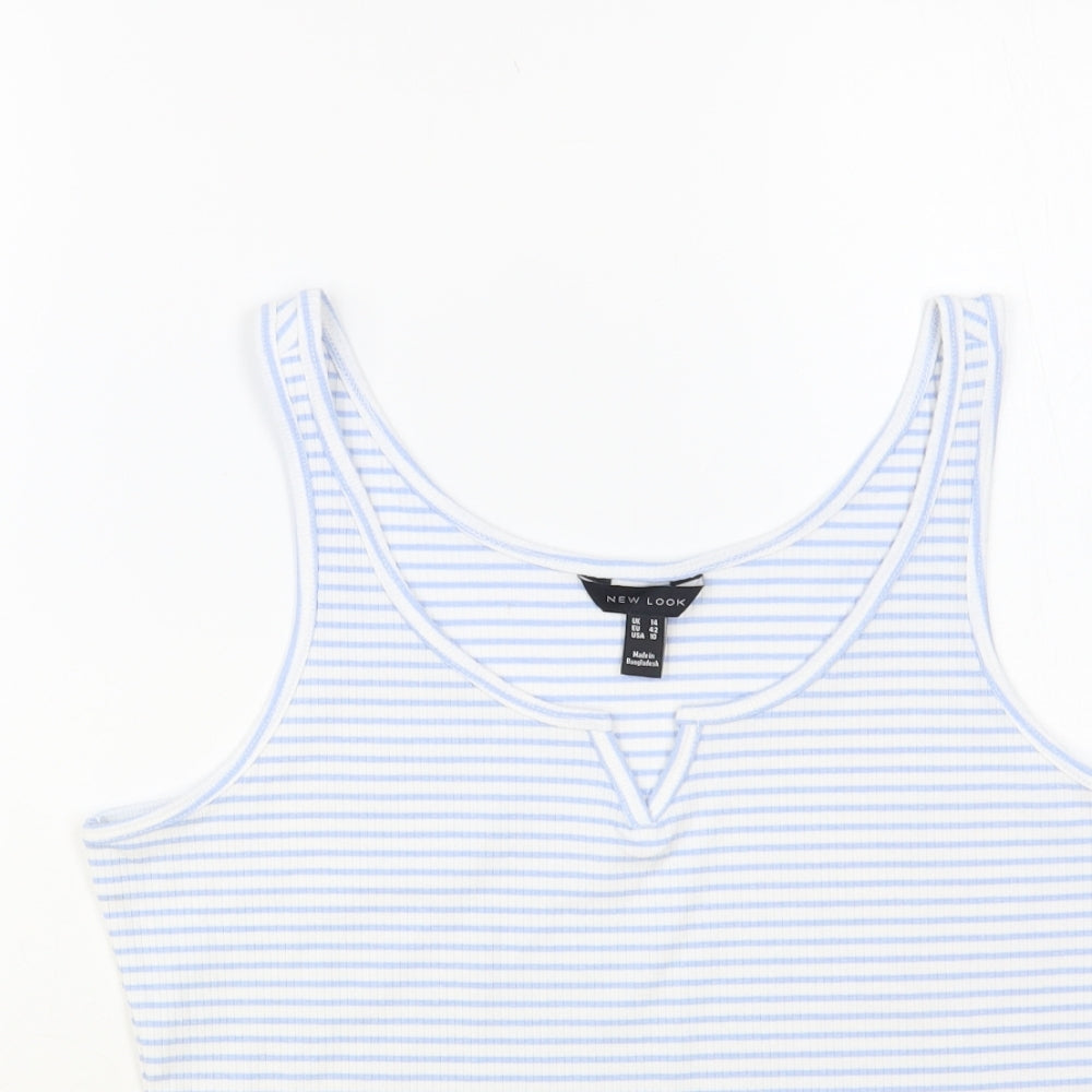 New Look Womens Blue Striped Polyester Basic Tank Size 14 V-Neck