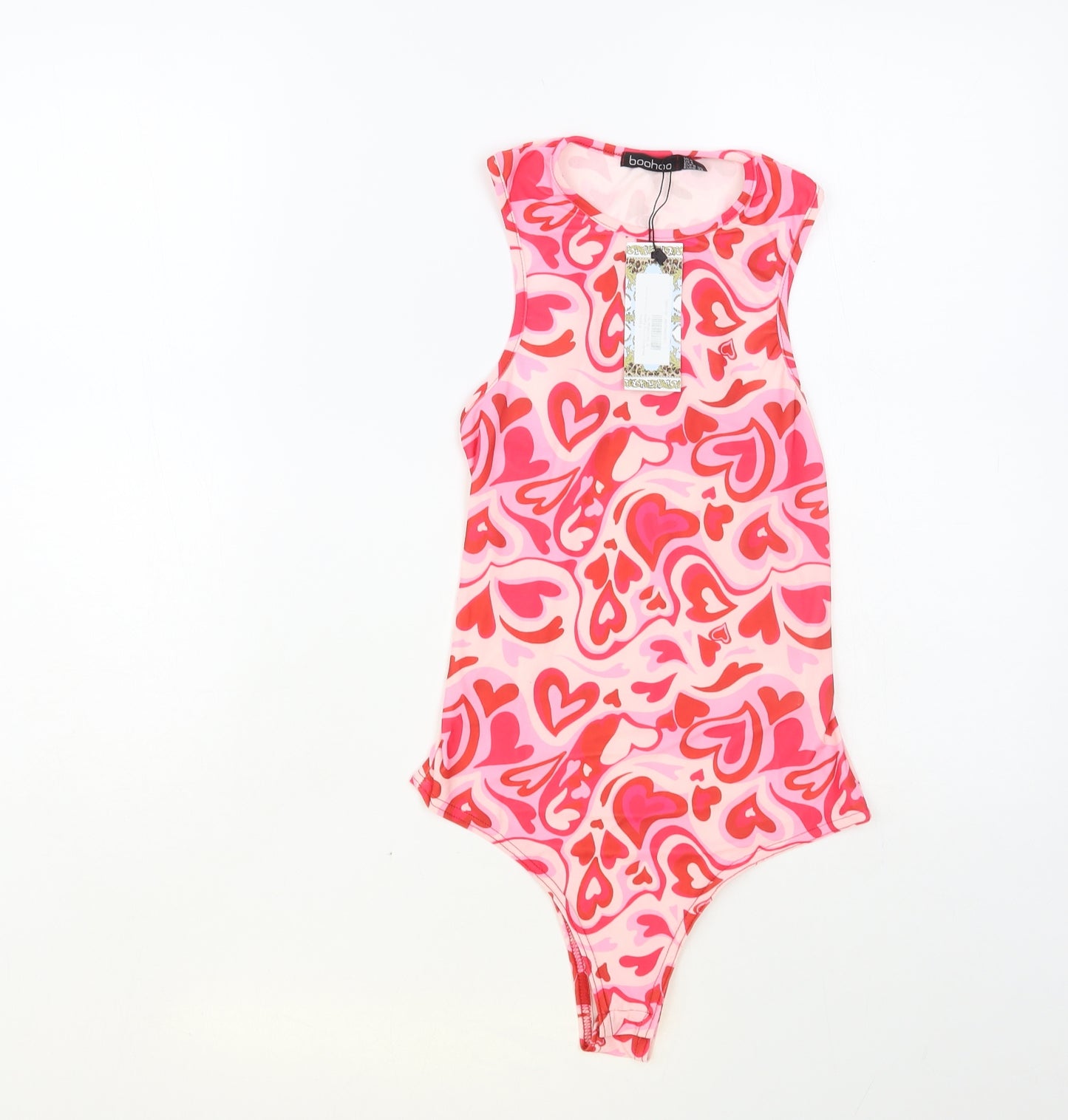 Boohoo Womens Pink Geometric Polyester Bodysuit One-Piece Size 8 Snap - Heart Print