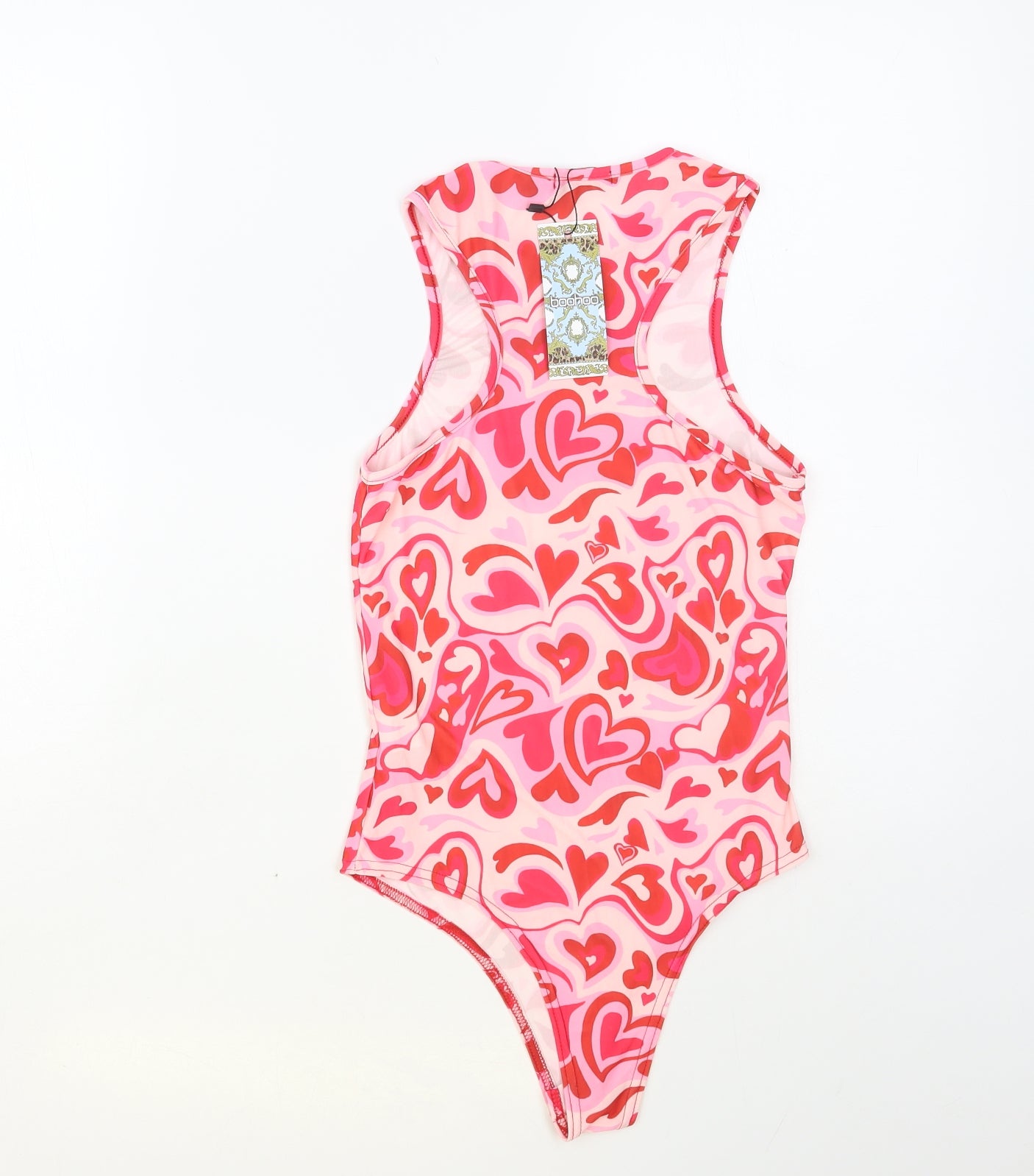 Boohoo Womens Pink Geometric Polyester Bodysuit One-Piece Size 8 Snap - Heart Print