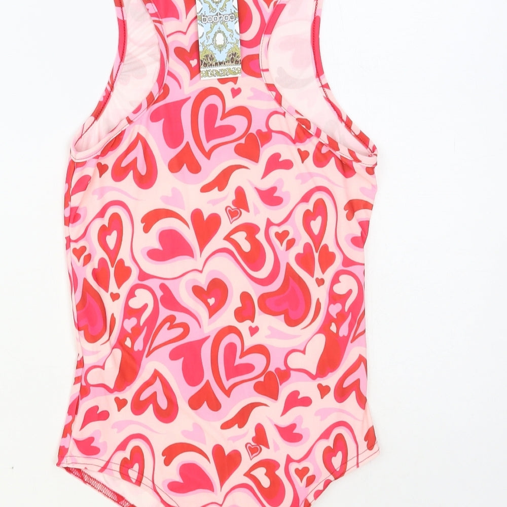 Boohoo Womens Pink Geometric Polyester Bodysuit One-Piece Size 8 Snap - Heart Print
