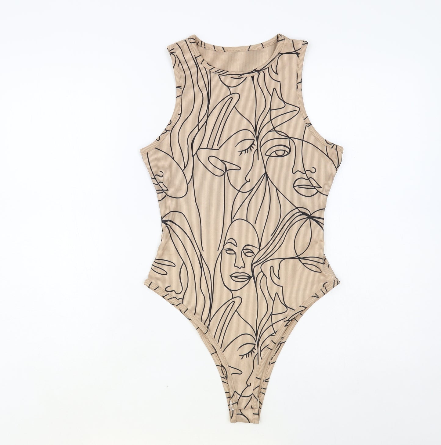 SheIn Womens Beige Geometric Polyester Bodysuit One-Piece Size S Snap - Faces