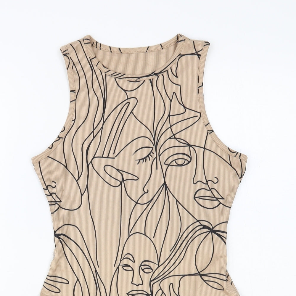 SheIn Womens Beige Geometric Polyester Bodysuit One-Piece Size S Snap - Faces