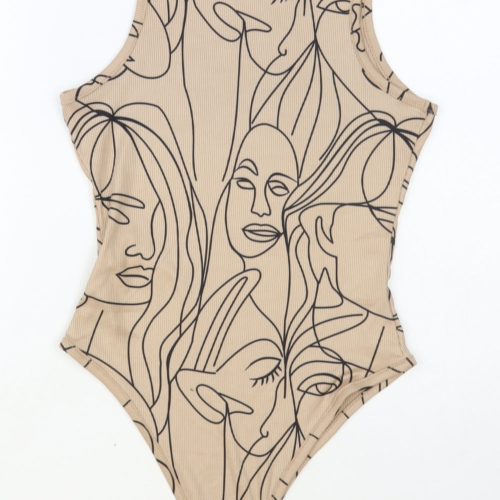 SheIn Womens Beige Geometric Polyester Bodysuit One-Piece Size S Snap - Faces